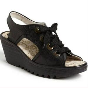 Fly London Perforated Leather Lace Up Peep Toe Wedge Sandals Black Size 37